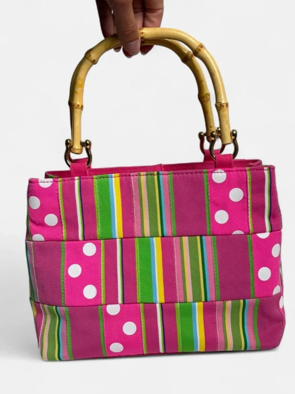 Tiannl Striped Polka Dot Canvas Tote with Bamboo Handles